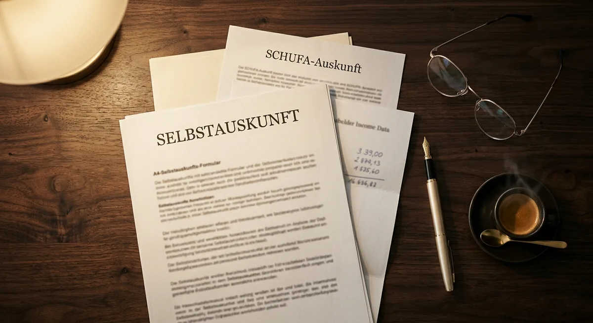 Editorial Flat-Lay auf dunklem Walnuss-Schreibtisch: Selbstauskunft, Bonitäts-Auskunft und Einkommens-Plausibilitäts-Sheet — strukturierte AGG-konforme Mieter-Vorauswahl bei Premises Fidelis.